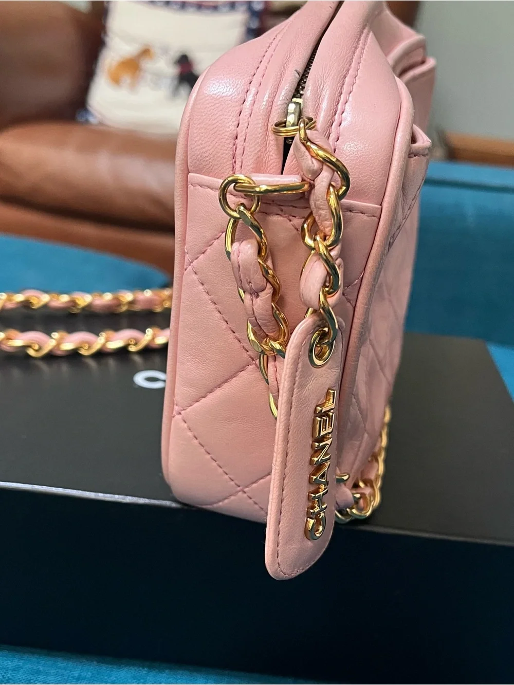 CHANEL Pink Quilted Leather Crossbody with Gold Chain